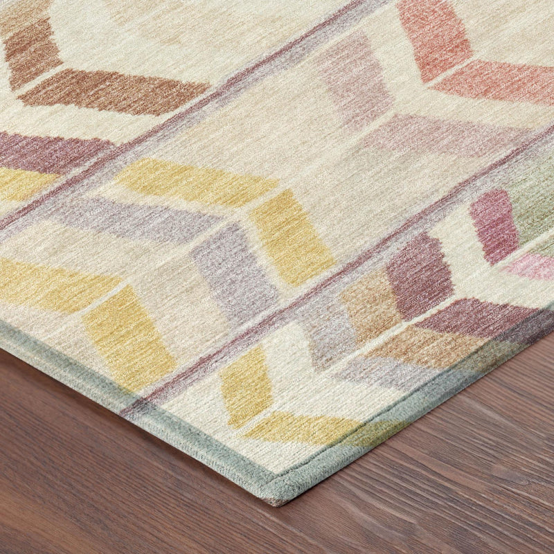Round area rug, cream with multicolor tribal geometric pattern, corner close-up