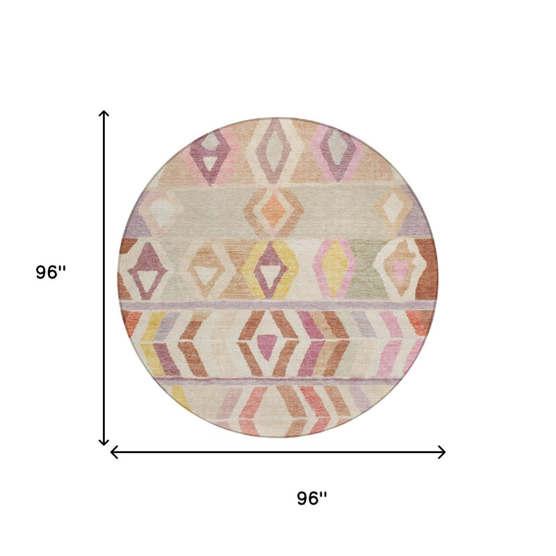 Round area rug, cream tribal geometric pattern, 96 in diameter
