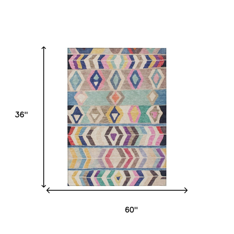 Indoor area rug size diagram, 60 x 36 in, multicolor geometric tribal pattern