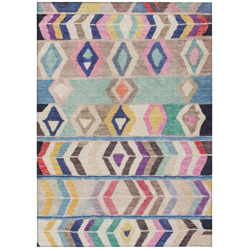 Multicolor geometric tribal area rug with layered diamond and chevron stripes on light base