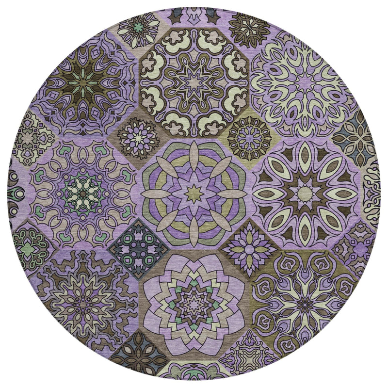 Round patchwork area rug with central floral star and surrounding geometric motifs