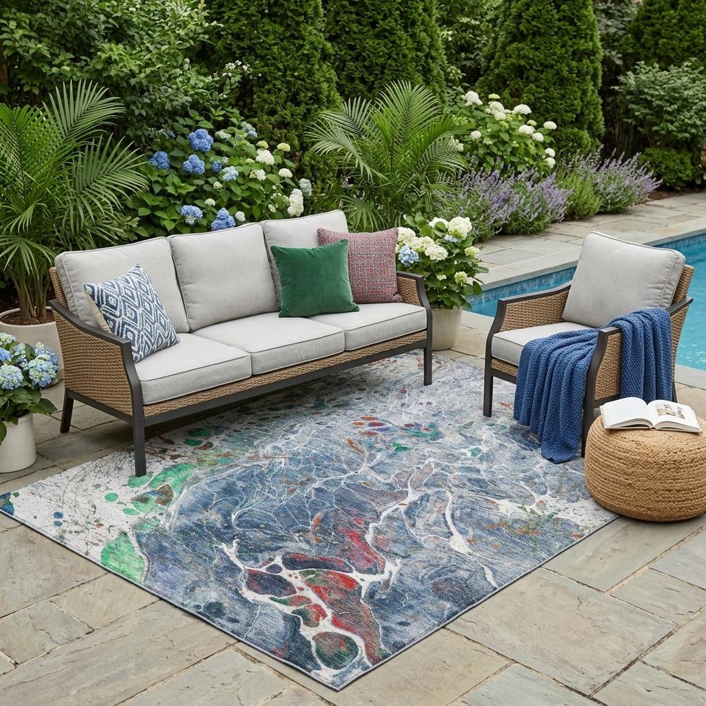 5' X 8' Blue And Pewter Abstract Washable Indoor Outdoor Area Rug - Sports & Outdoor