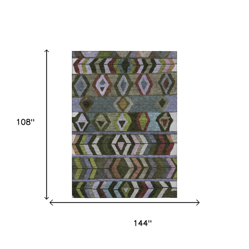 Olive green area rug with multicolor diamond and chevron motifs, flat view