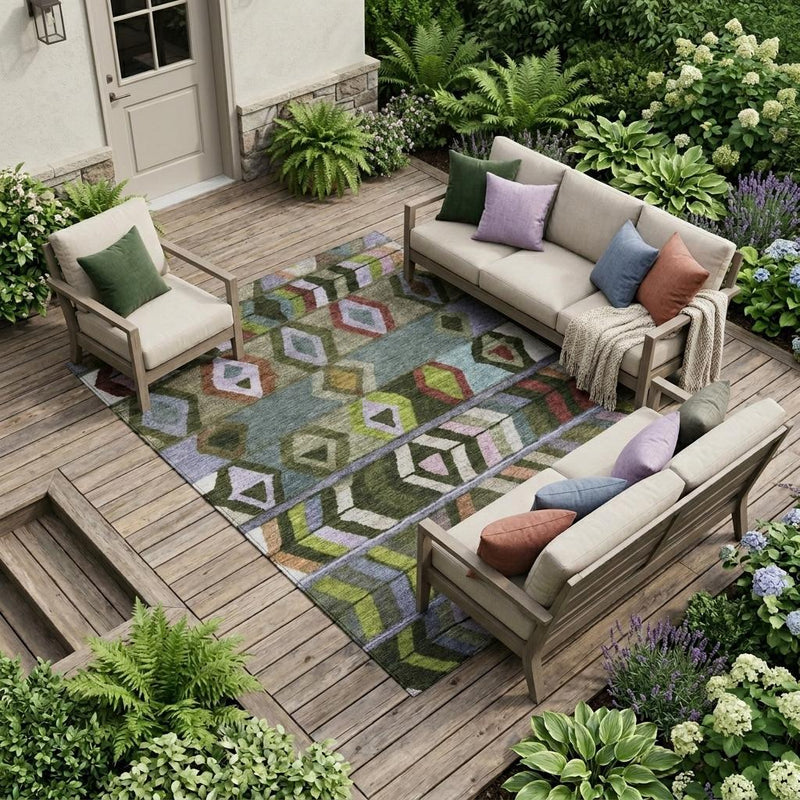 Geometric area rug with multicolor tribal motifs in olive green, gray, and purple