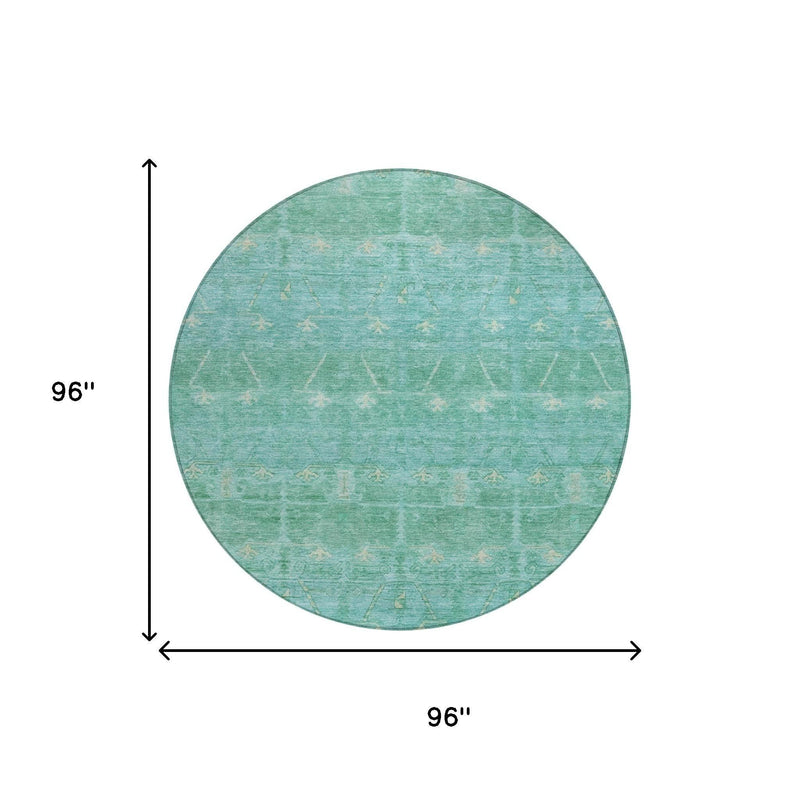 Round teal-green rug shown on white background, 96" by 96" size