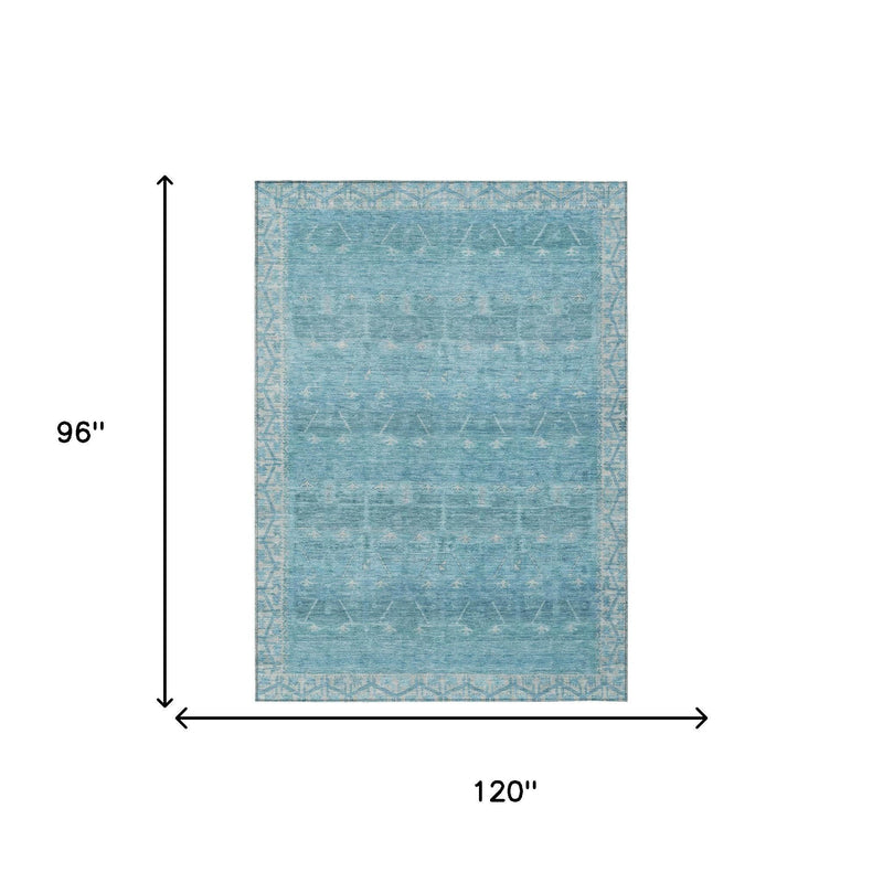 Blue area rug size diagram, 96 in by 120 in, distressed tribal pattern