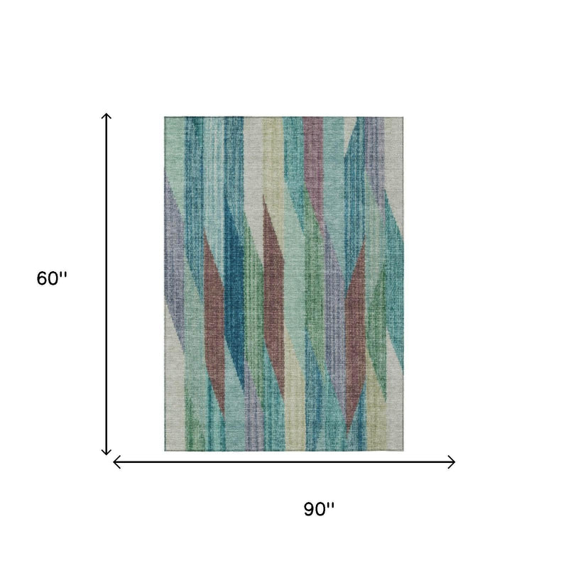 5 x 8 ft striped area rug with teal and turquoise vertical wave patterns and multicolor accents