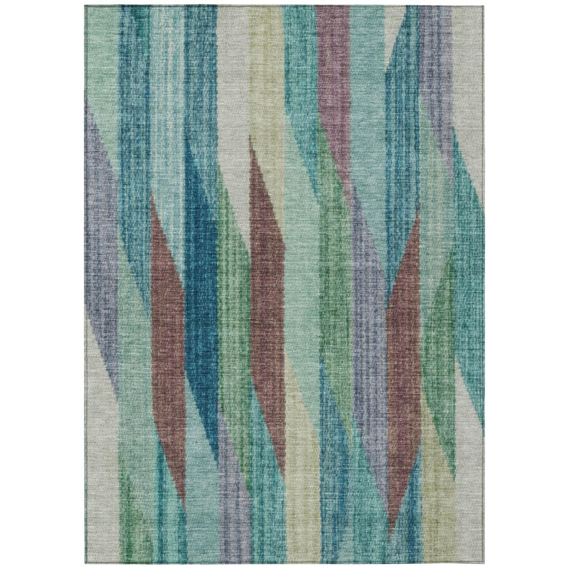 5 x 8 ft striped area rug in teal and turquoise with multicolor vertical wave pattern and border