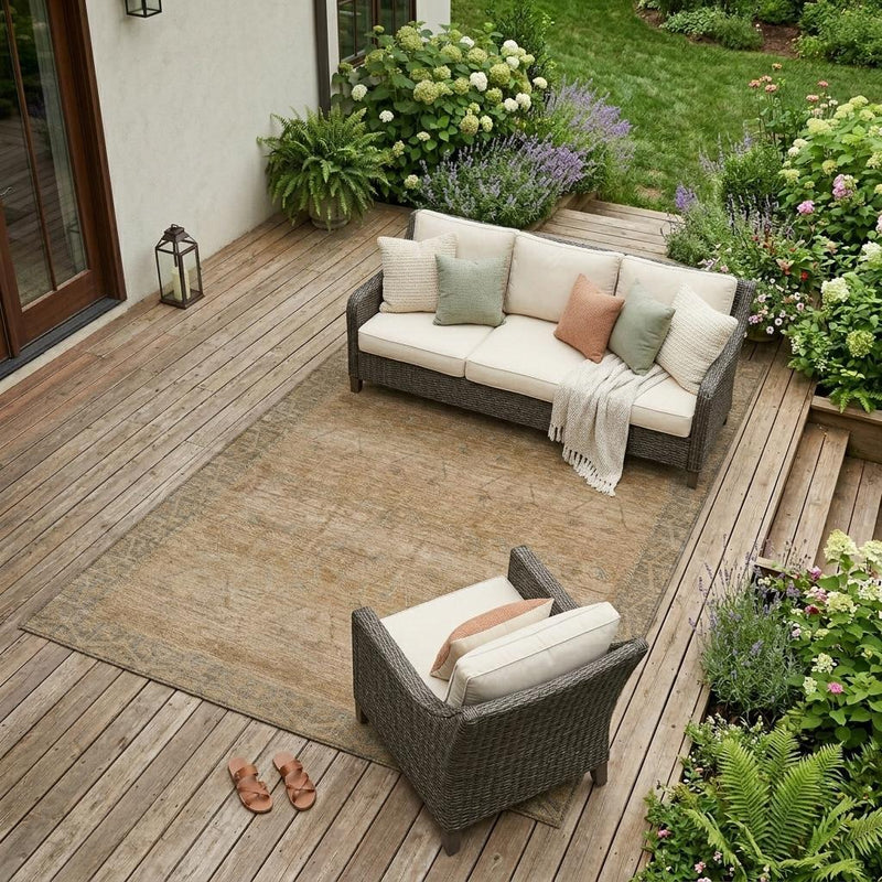 Tan area rug on wooden deck with faded geometric tribal pattern