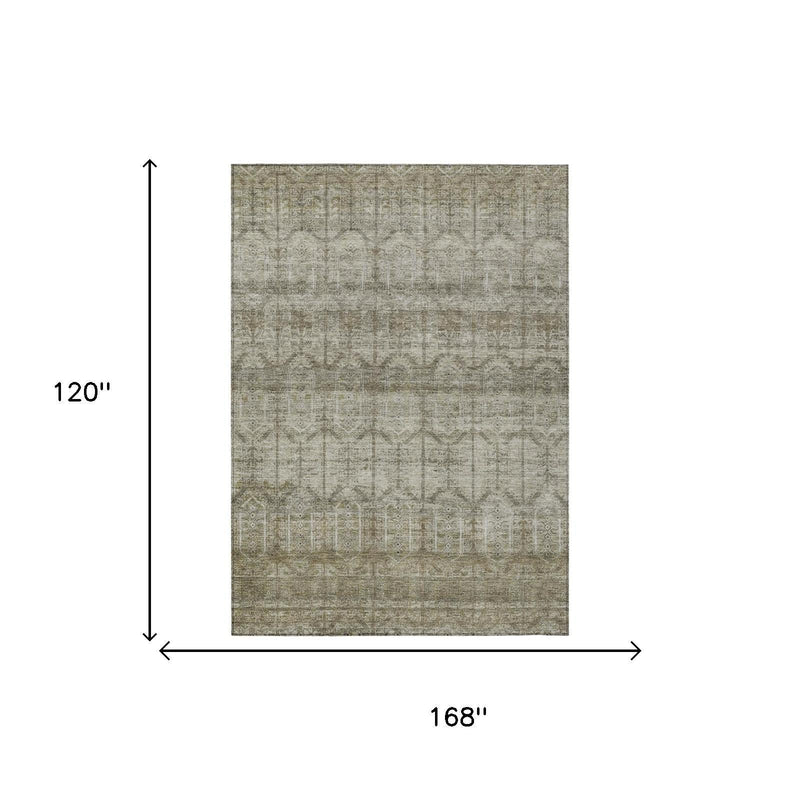 Beige and brown tribal area rug, rectangular size shown in a layout graphic