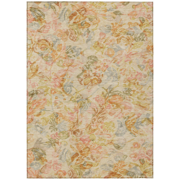 Peach and orange floral area rug with light green and blue texture
