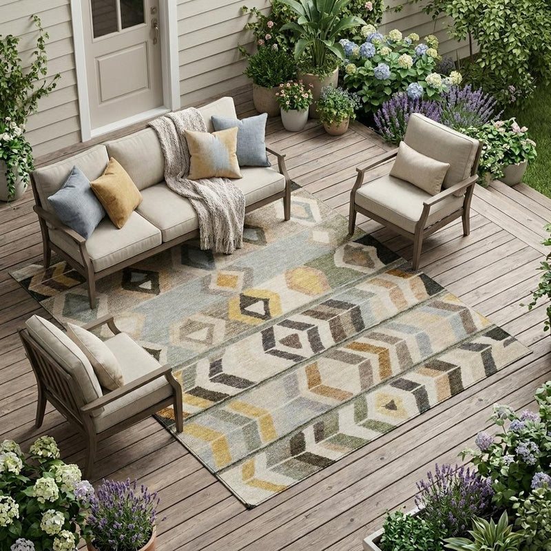 Geometric tribal area rug with light gray background and black, tan, and mustard motifs