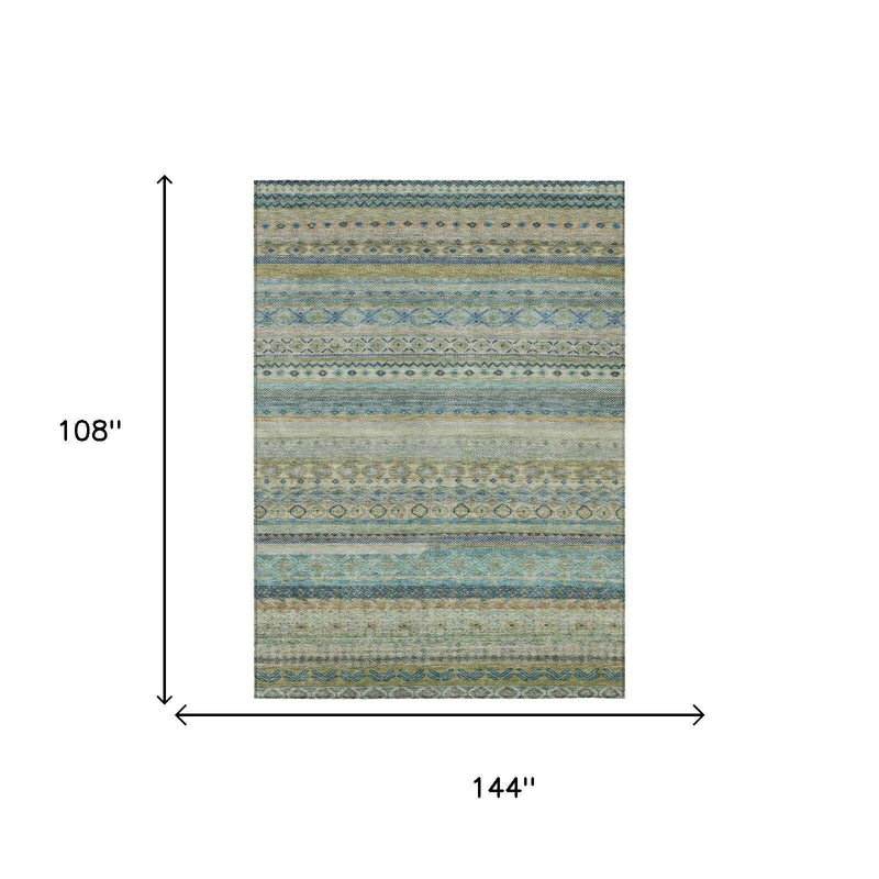 Striped area rug dimensions shown: 144 in wide and 108 in long, blue and tan.