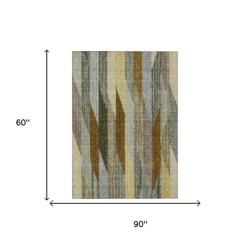 Rectangular rug size chart, 90 in by 60 in, striped gray and mustard pattern