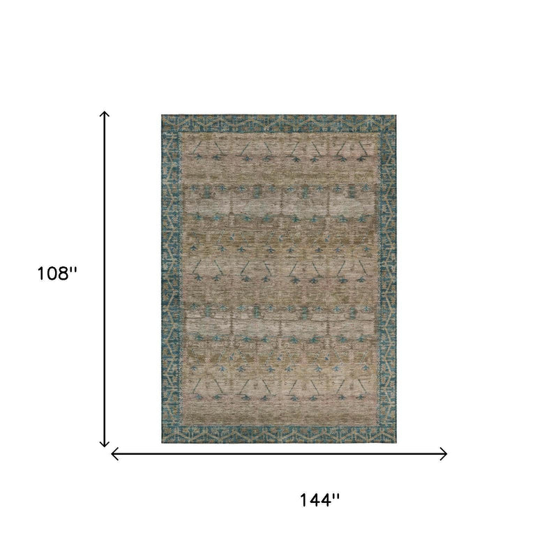 Rectangle area rug, taupe with teal tribal border and repeating geometric pattern