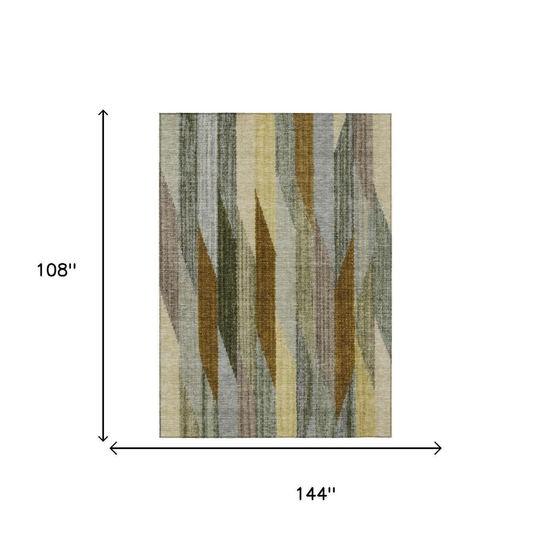 Striped area rug size diagram showing 144 in wide and 108 in long, multicolor bands.