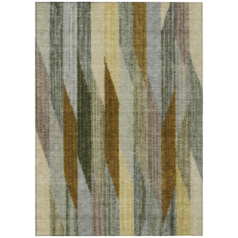 Rectangular striped area rug with multicolor gray, green, and gold bands, textured weave.