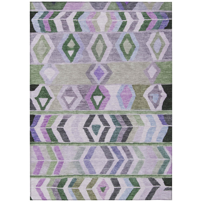 Tribal geometric area rug with lavender, green, and gray diamond and arrow bands.