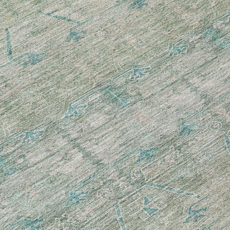 Teal blue and pewter tribal area rug textured surface close-up with geometric marks