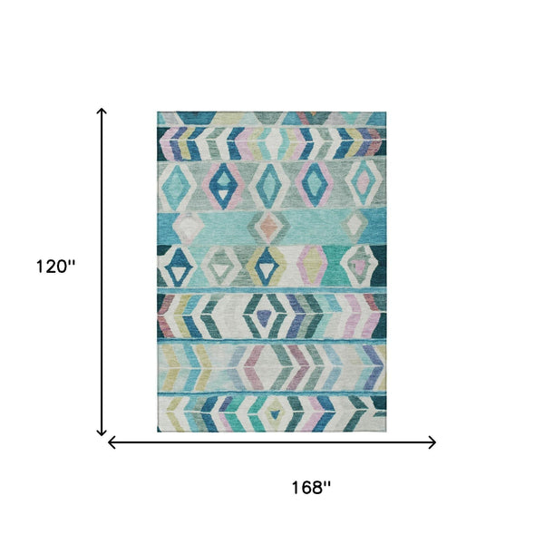 Teal and turquoise tribal area rug diagram showing 10 x 14 ft size and pattern.