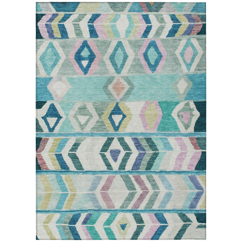 Full view teal and turquoise tribal area rug with multicolor geometric stripes and diamonds.