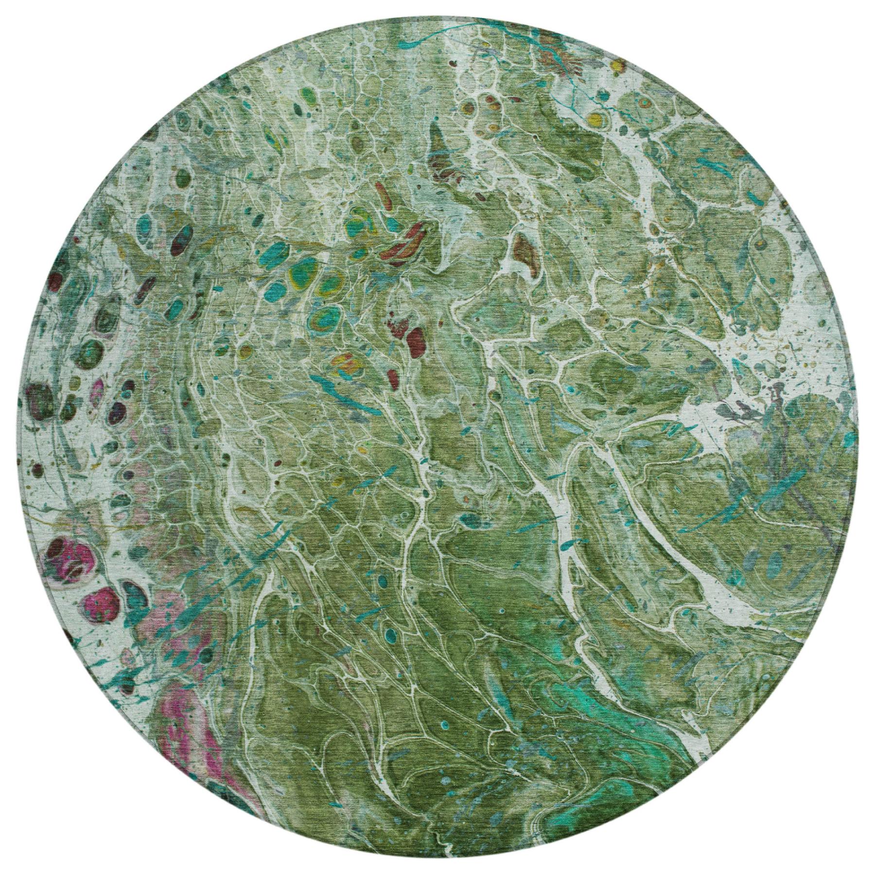 8' Green And Fern Green Round Abstract Washable Indoor Outdoor Area Rug - Sports & Outdoor