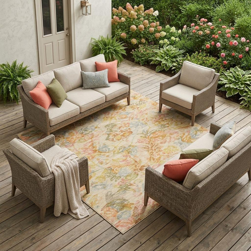 Indoor/outdoor floral area rug in pastel peach and orange tones beneath outdoor seating
