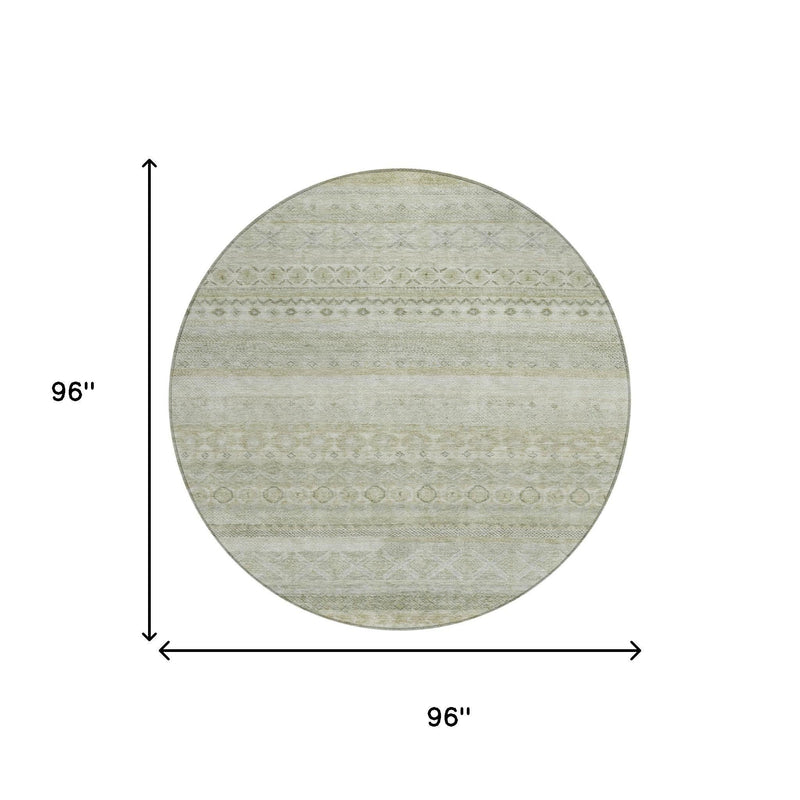 Round area rug dimensions shown: 96 in diameter, light green and beige stripes