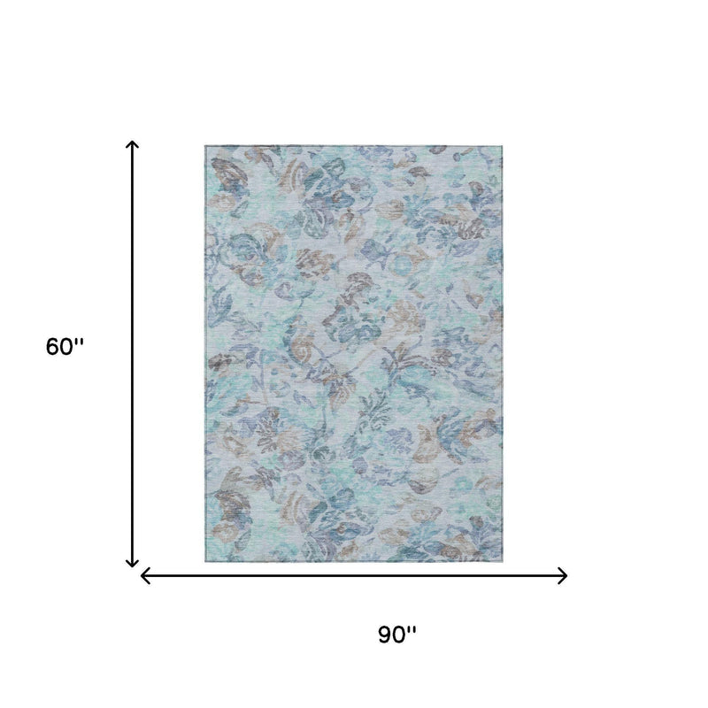 Blue and silver floral area rug shown in 90 x 60 in rectangle size diagram