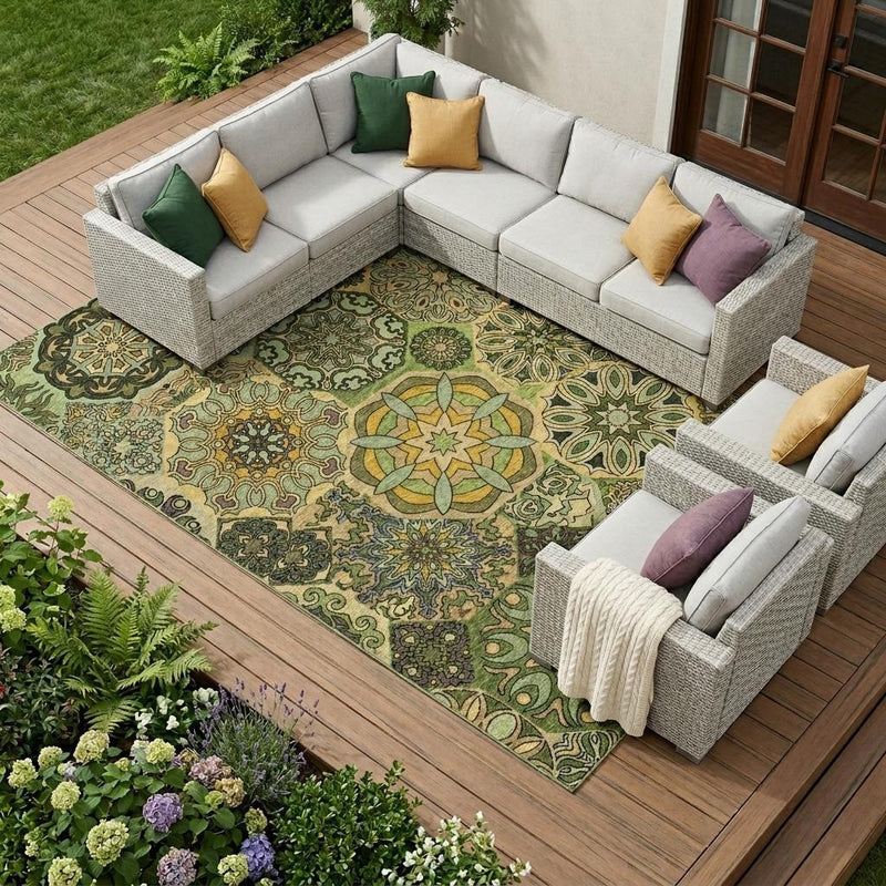 Indoor/outdoor area rug with ornate patchwork medallion design in green and tan on deck
