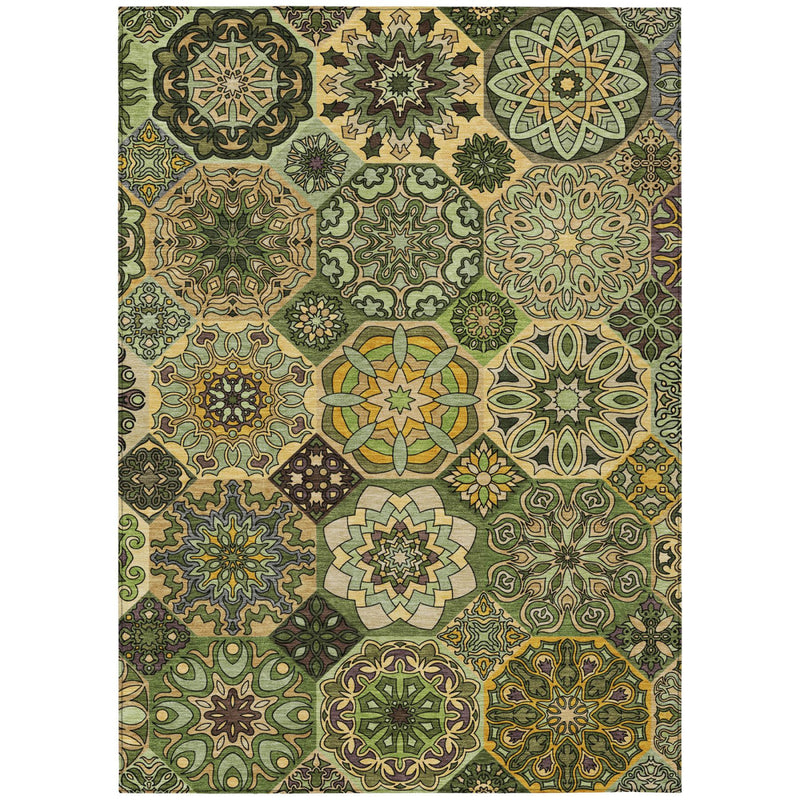 Indoor/outdoor area rug with multicolor patchwork medallion pattern in green and tan