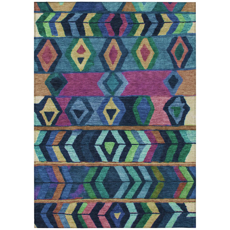 Full rectangular tribal geometric area rug with navy base and bright multicolor pattern rows