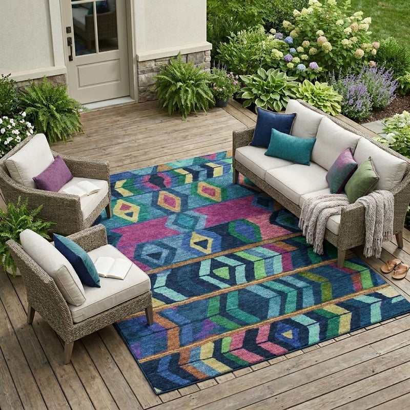 Navy and multicolor outdoor area rug with tribal geometric pattern on wooden patio floor