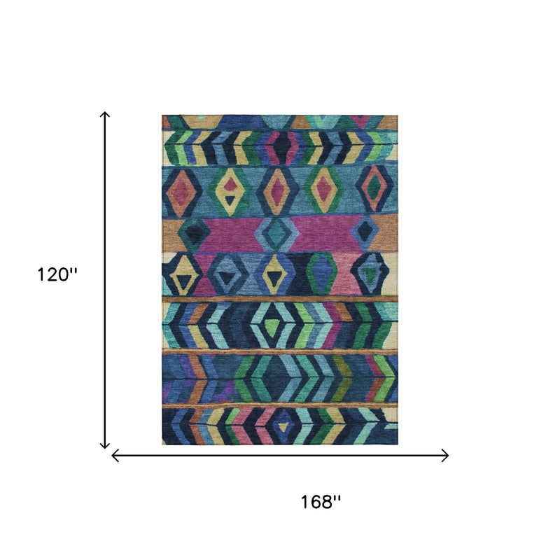 Rectangular navy and multicolor geometric tribal area rug, bordered striped design