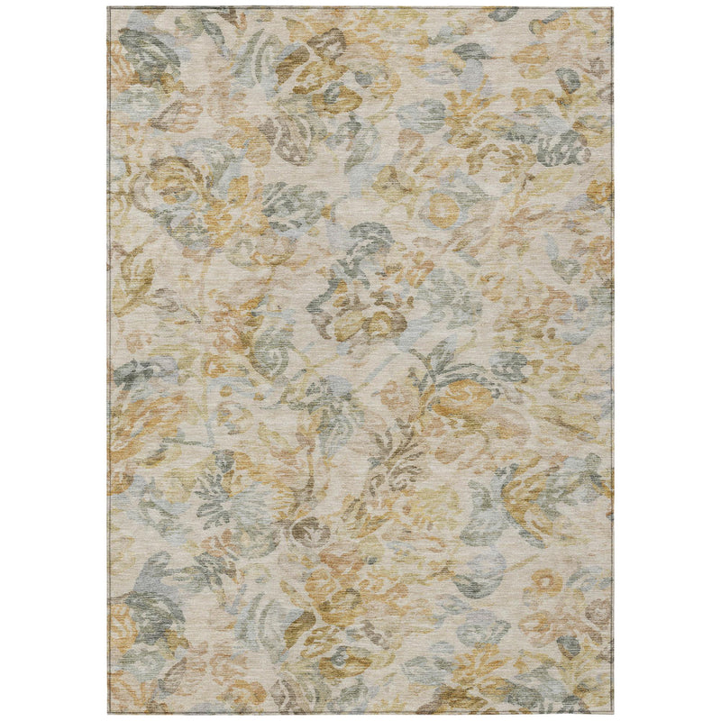 Wheat, gold, and gray floral area rug with border and textured, washable look.