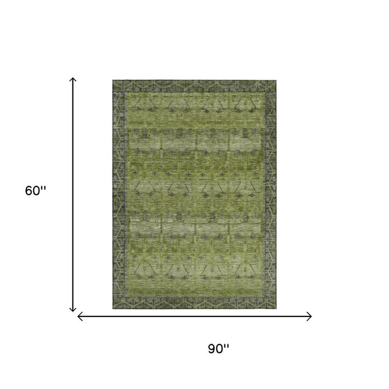 5x8 ft olive green tribal area rug shown with size diagram