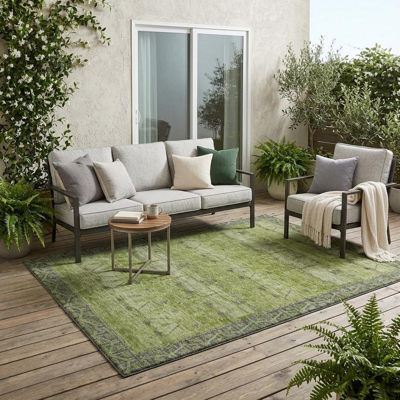Olive green tribal area rug with distressed motif and low-pile woven texture