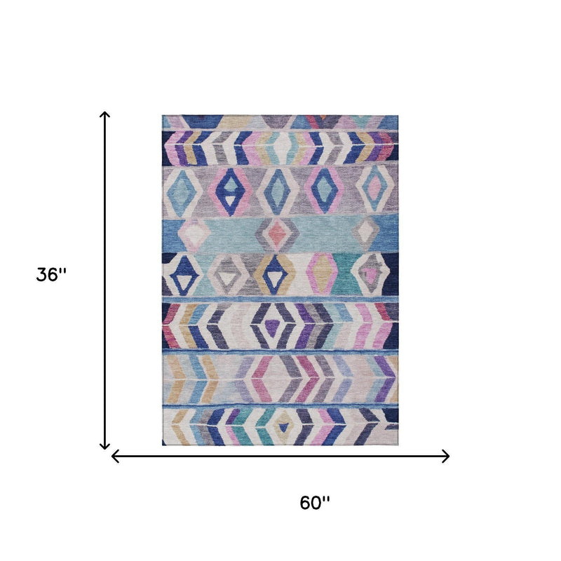 Rectangular blue and multicolor tribal area rug with measurements diagram