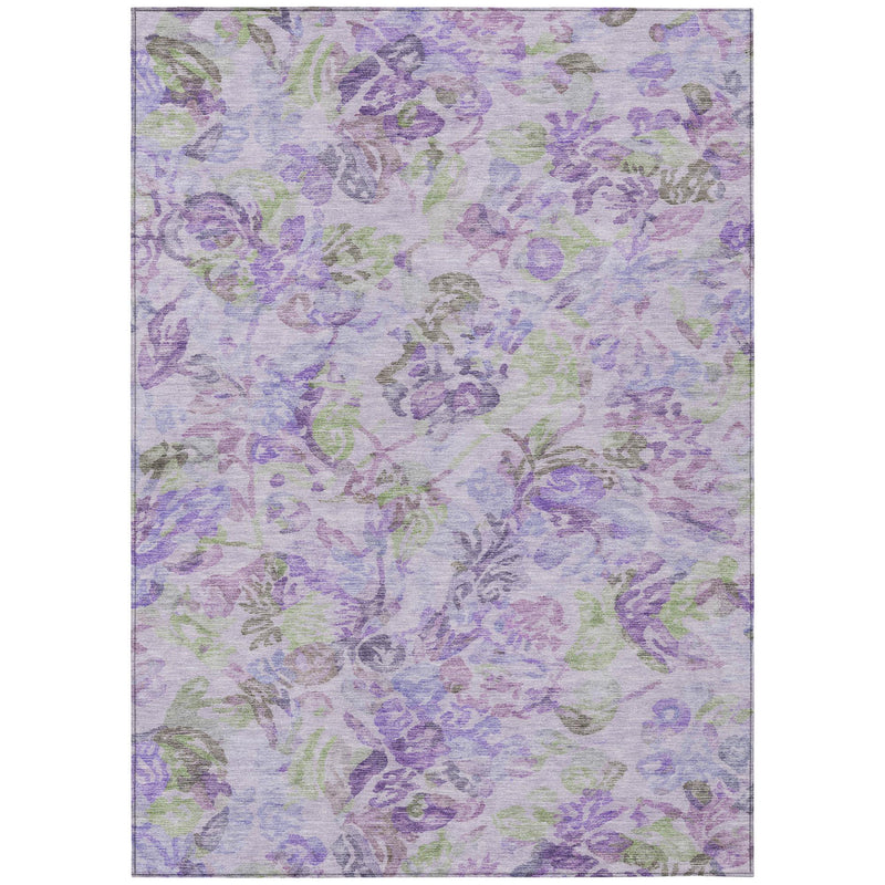 Lavender floral area rug with purple, green, and gray abstract motifs and flat weave