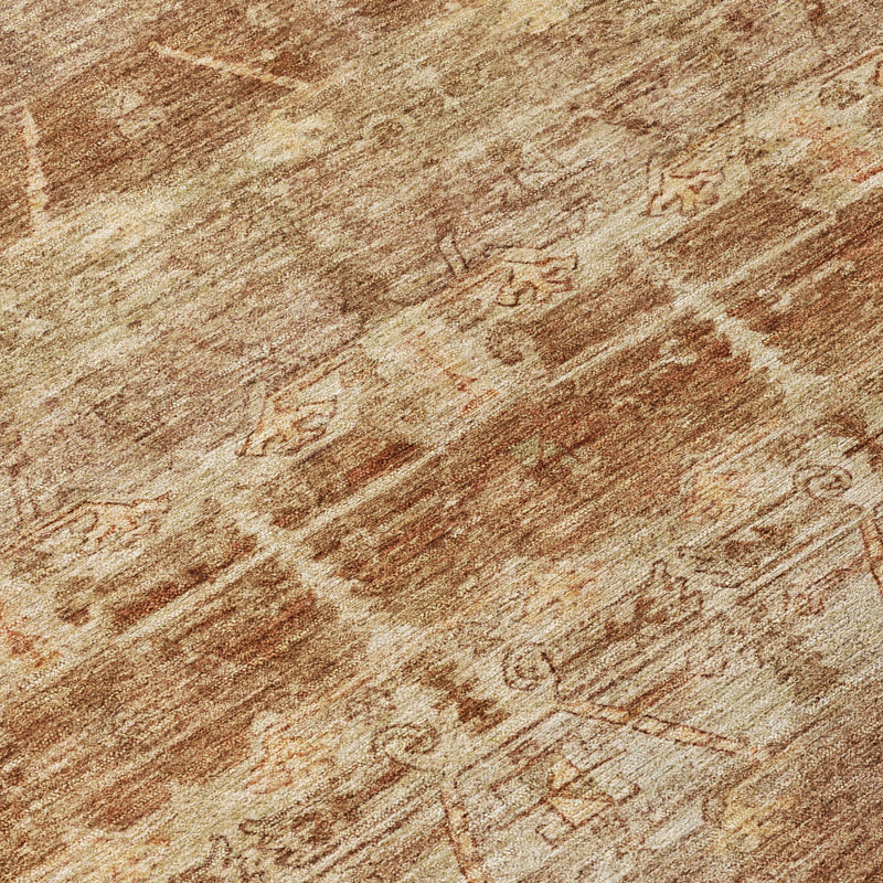 Distressed tribal geometric area rug close-up, tan ground with copper-brown lines