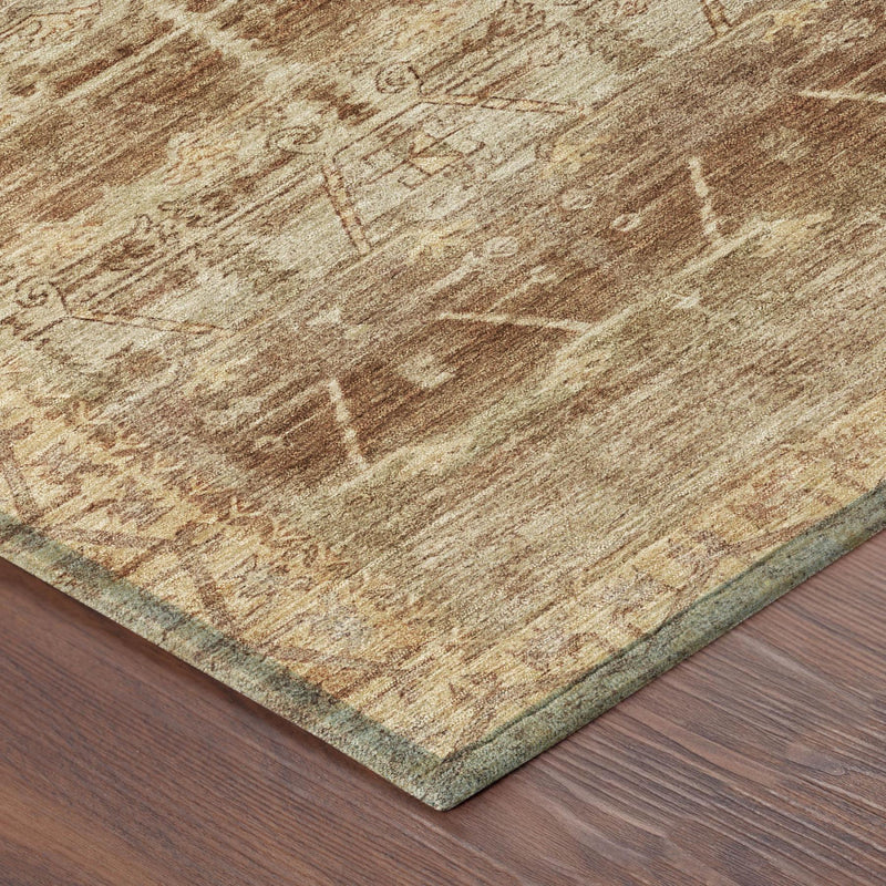Tan area rug with tribal pattern, corner view showing textured border