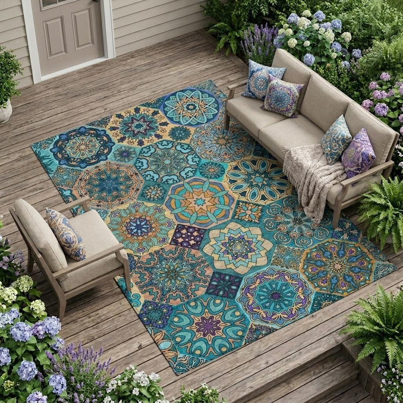 Teal patchwork indoor outdoor area rug with colorful geometric medallion pattern