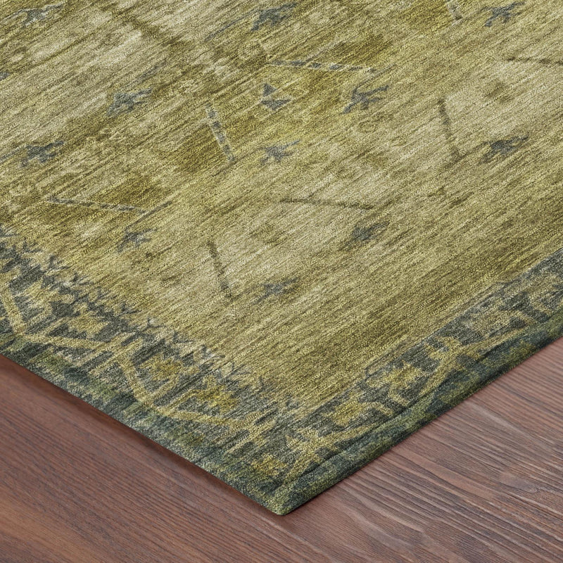 Corner view of green area rug with blue tribal shapes and distressed texture