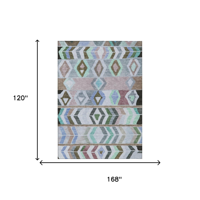 Beige tribal area rug shown with size guide: 168 in by 120 in.