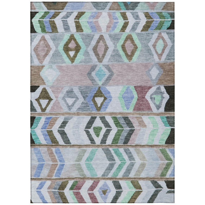 Beige indoor outdoor area rug with multicolor tribal geometric stripes and diamond shapes.