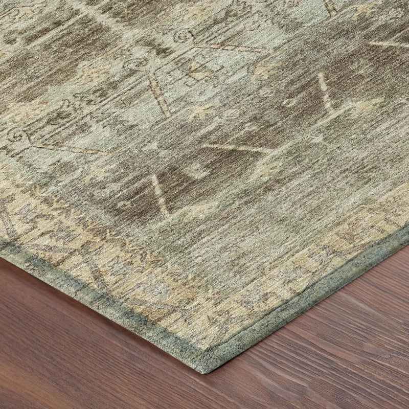Area rug corner close-up with distressed tribal motif, sage green and taupe coloring.