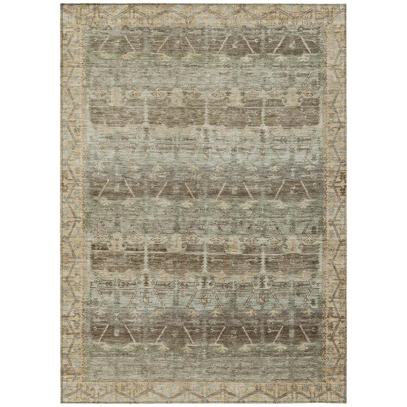Area rug with distressed tribal bands, light beige base and olive-green pattern accents.