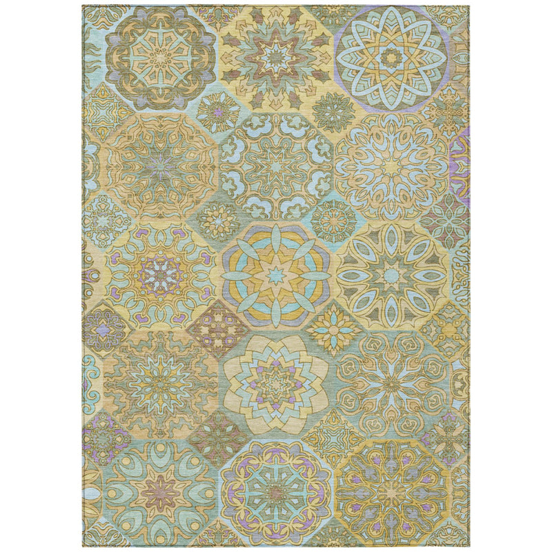 Rectangular patchwork area rug with multicolor floral medallion blocks in teal and gold