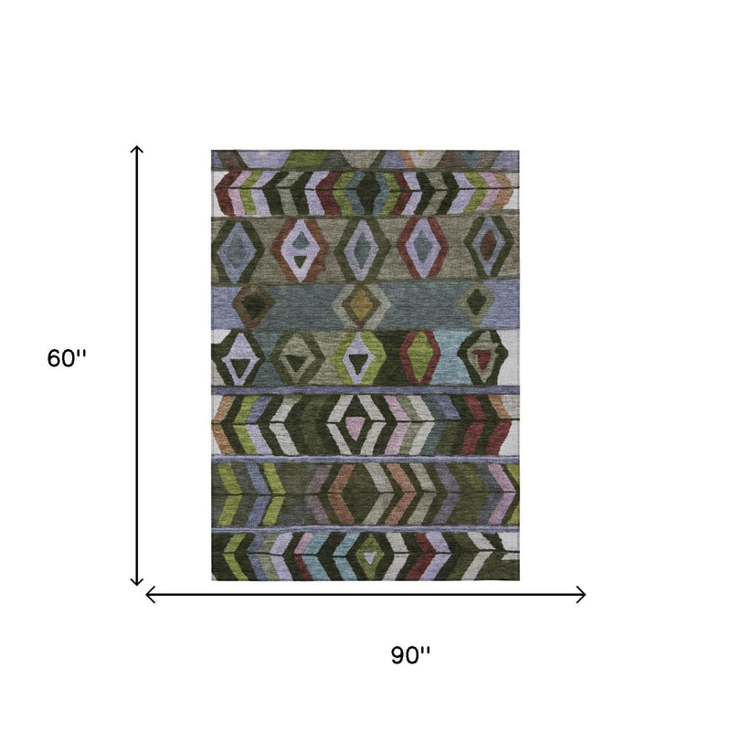 Olive green tribal area rug, 90 x 60 in dimensions