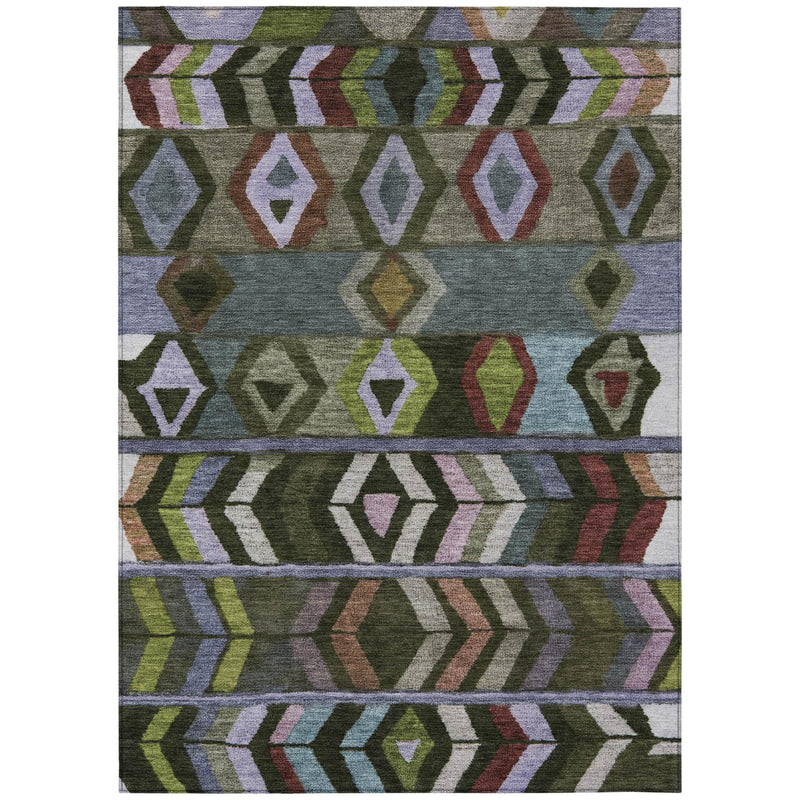 Olive green and multicolor tribal pattern indoor/outdoor area rug, geometric border